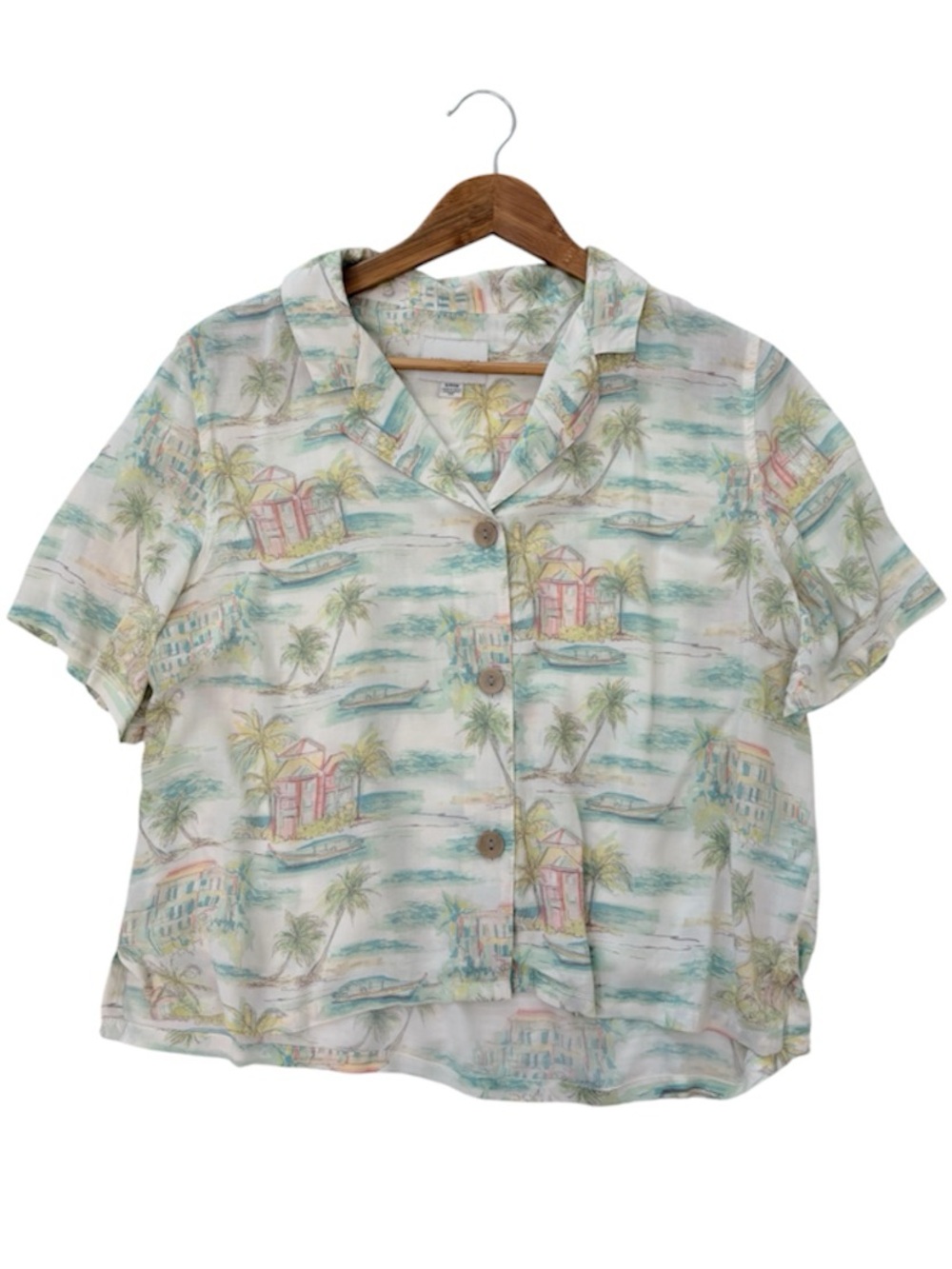 American Eagle Women's Button-Up Shirt Tropical Print Short Sleeve